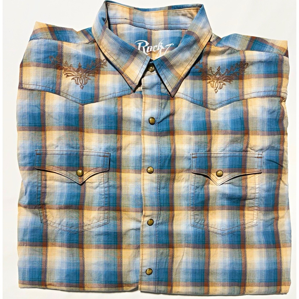 Rock 47 Men's 2XT Big & Tall Plaid Long Sleeve Button-Up Woven Cotton Pockets